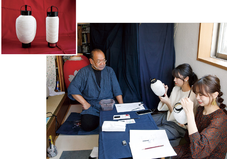 豊島区伝統工芸士に認定されている早川福男さん。体験は高さ約26㎝の取っ手付きのミニ提灯を使用。丸型か長型が選べます。